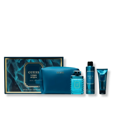 GUESS UOMO ACQUA FOR MEN 4PIECE SET (100ML EDT+226ML DEODORIZING+100ML SHOWER GEL+INCLUDES POUCH) GIFT SET